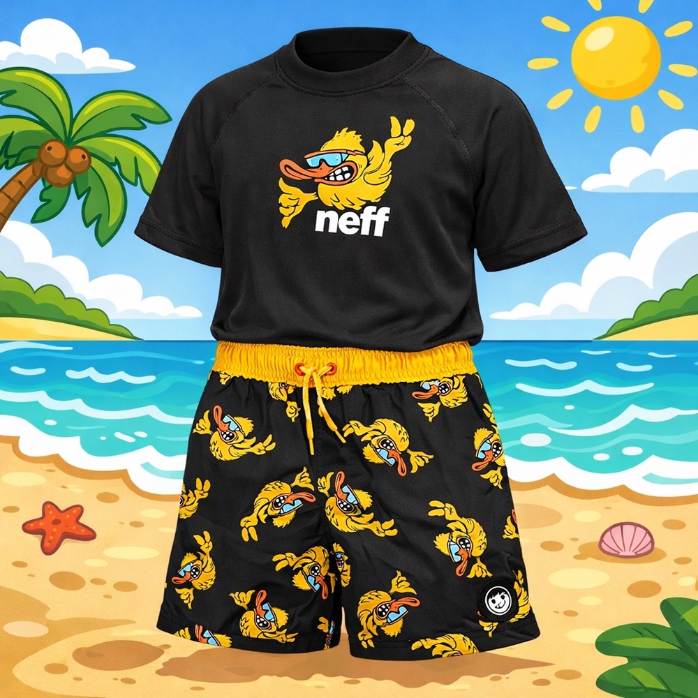 Neff Black and Yellow Duck Graphic Swim Set size 8